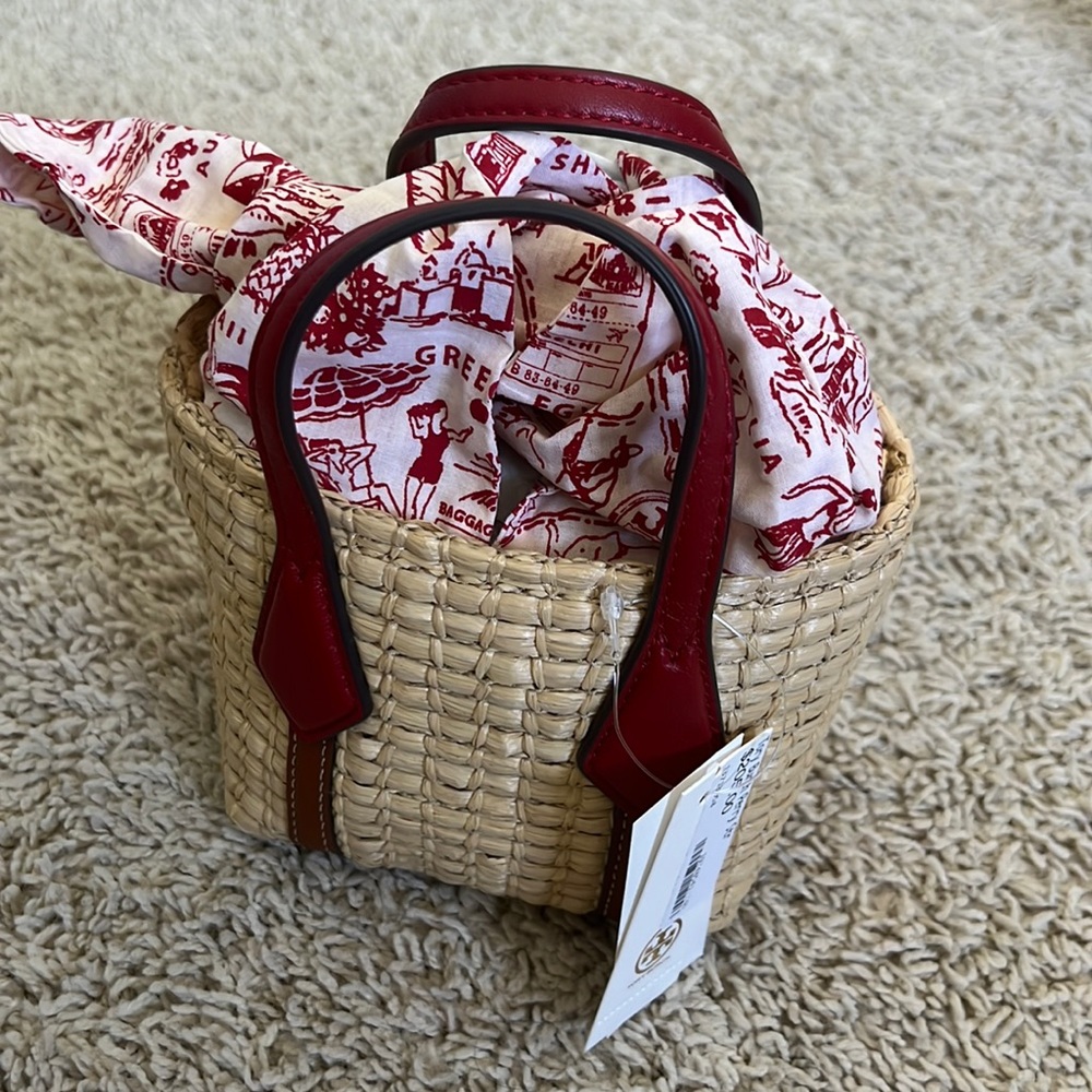 Tory Burch Straw Nano Tote / natural / red